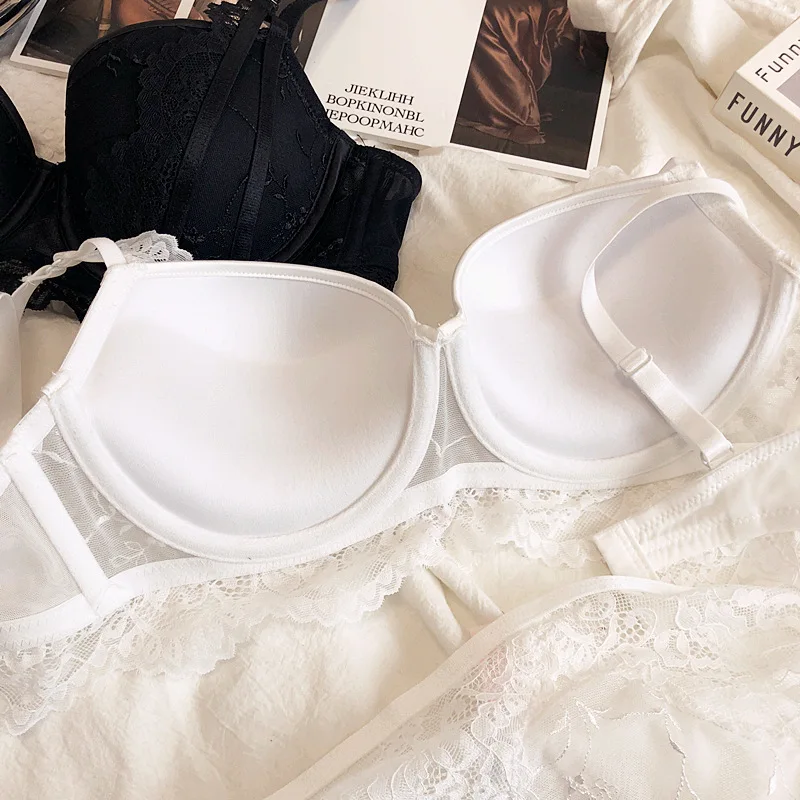 Geraffte Körbchen, Stahlring-Dessous mit Höschen, Stillspitze, sexy Unterwäsche-Anzug, Damen-D-Cup-BH und Slip-Set_voghion.com