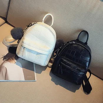 

Fashion New Backpack PU Leather Embossing Women Bag Sweet Girl Mini Shoulder Bag Cute hair ball Backpack