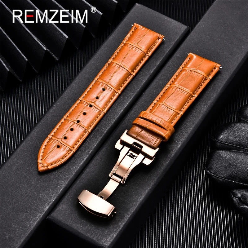 Embossed Genuine Leather Strap with Automatic Butterfly Buckle - Business Watchband