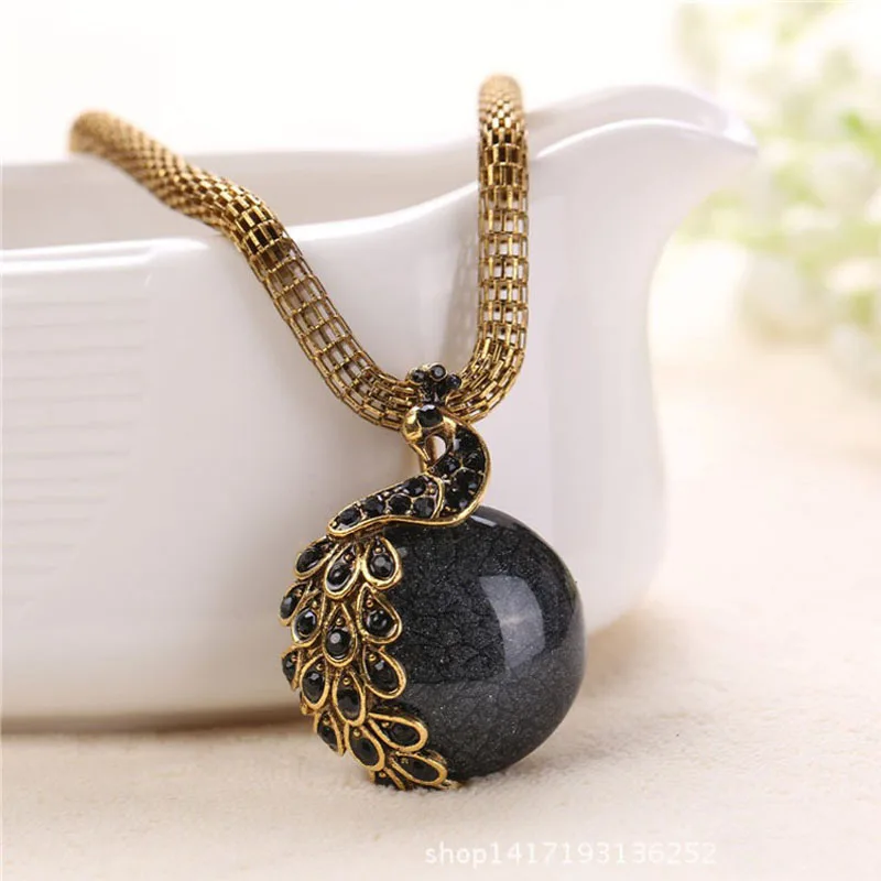 Bohemian Ethnic Peacock Pendant Necklaces Gold Color Metal Chain Crystal Stone Statement Necklaces for Women 1