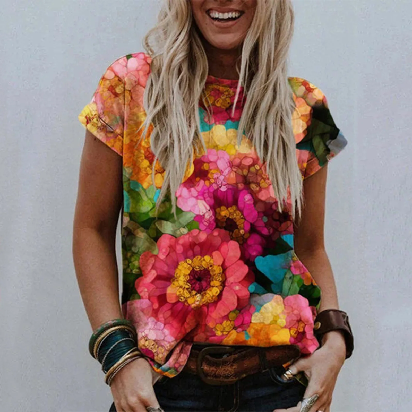 Blusa holgada de manga corta con estampado Floral para verano, camisa de manga corta Estilo Vintage bohemio para mujer, talla grande, 40