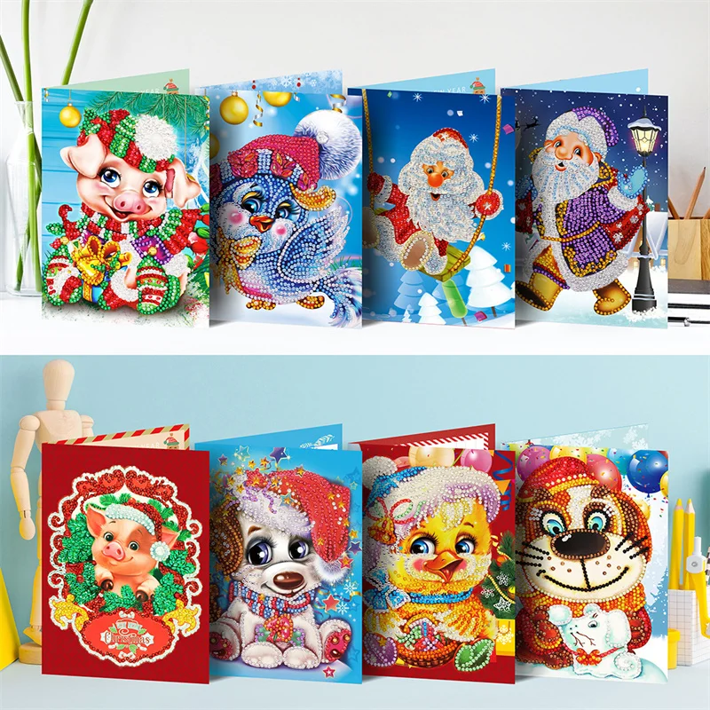 8pcs/Set Christmas DIY Diamond Painting Greeting Cards 5D Cartoon Postcards Kids Festival Embroidery Greet Cards Handmade Gifts 