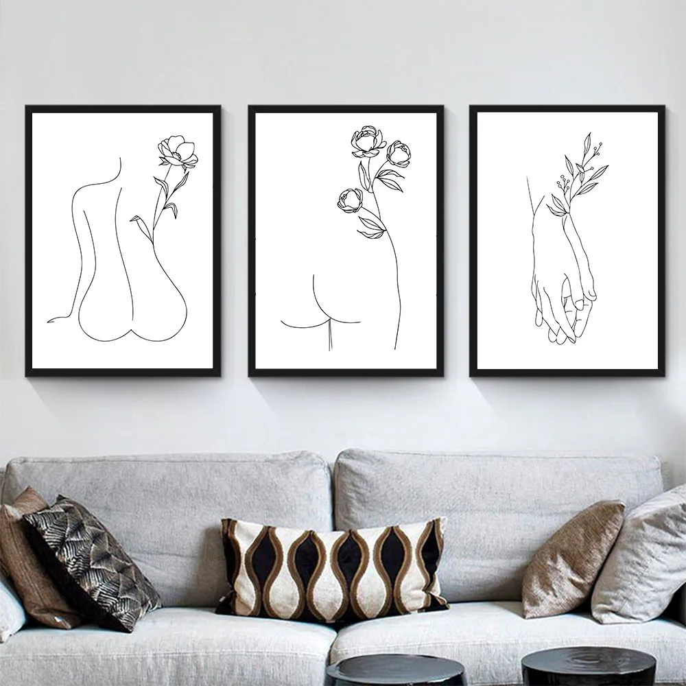 

Hand Line Drawing Wall Art Abstract Poster Women Body Canvas Painting Flower Minimalist Print Nordic Picture Living Room Decor