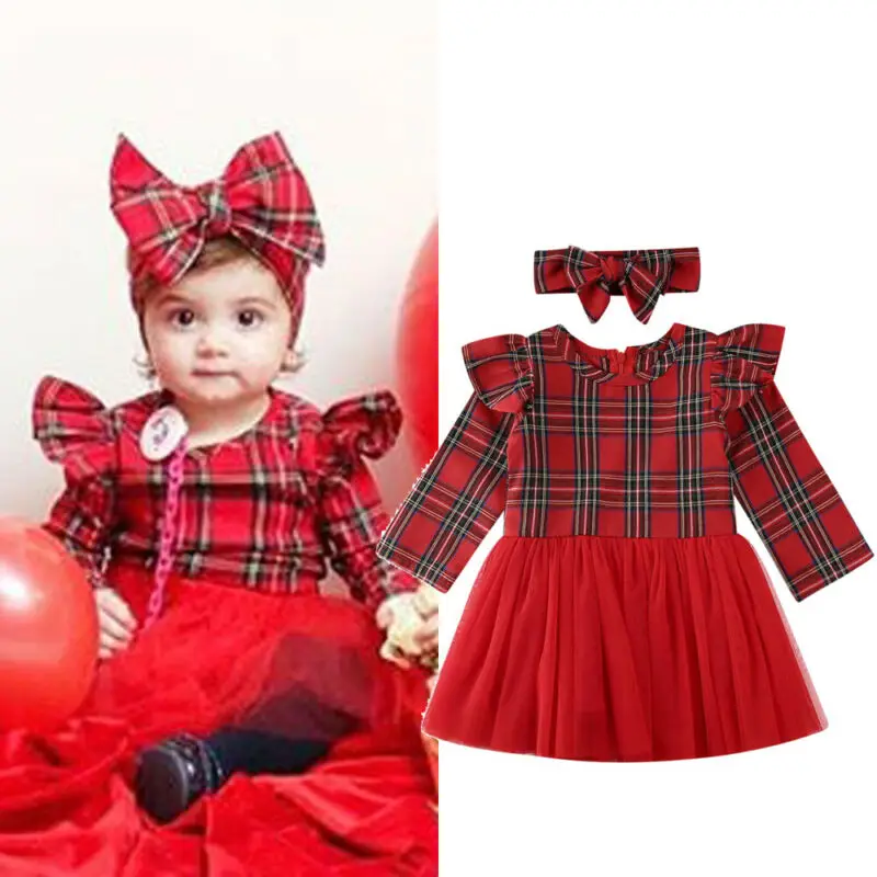 6 36 Months Baby Girls Christmas Dress Long Sleeve Red Plaid Princess Dresses For Girls Red Lace
