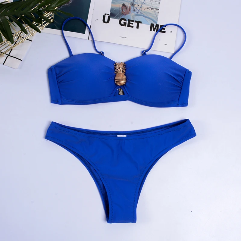 Push Up Sexy Pineapple Decoration Bikini 2021 New Swimwear Solid Biquini Set Swimsuit Bathing Suit Beachwear Swimming Two Piece