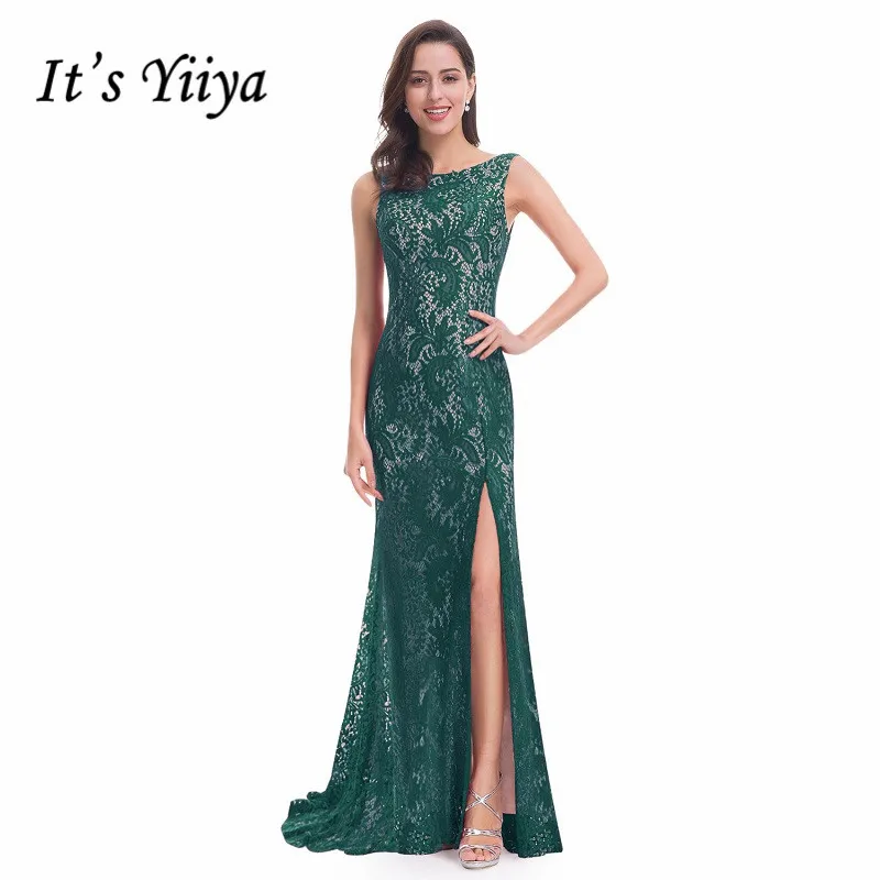 Это Yiiya вечернее платье, без рукавов, с разрезом, с круглым вырезом, Robe De Soiree C446, кружевное, со шлейфом, с открытой спиной, женские вечерние платья