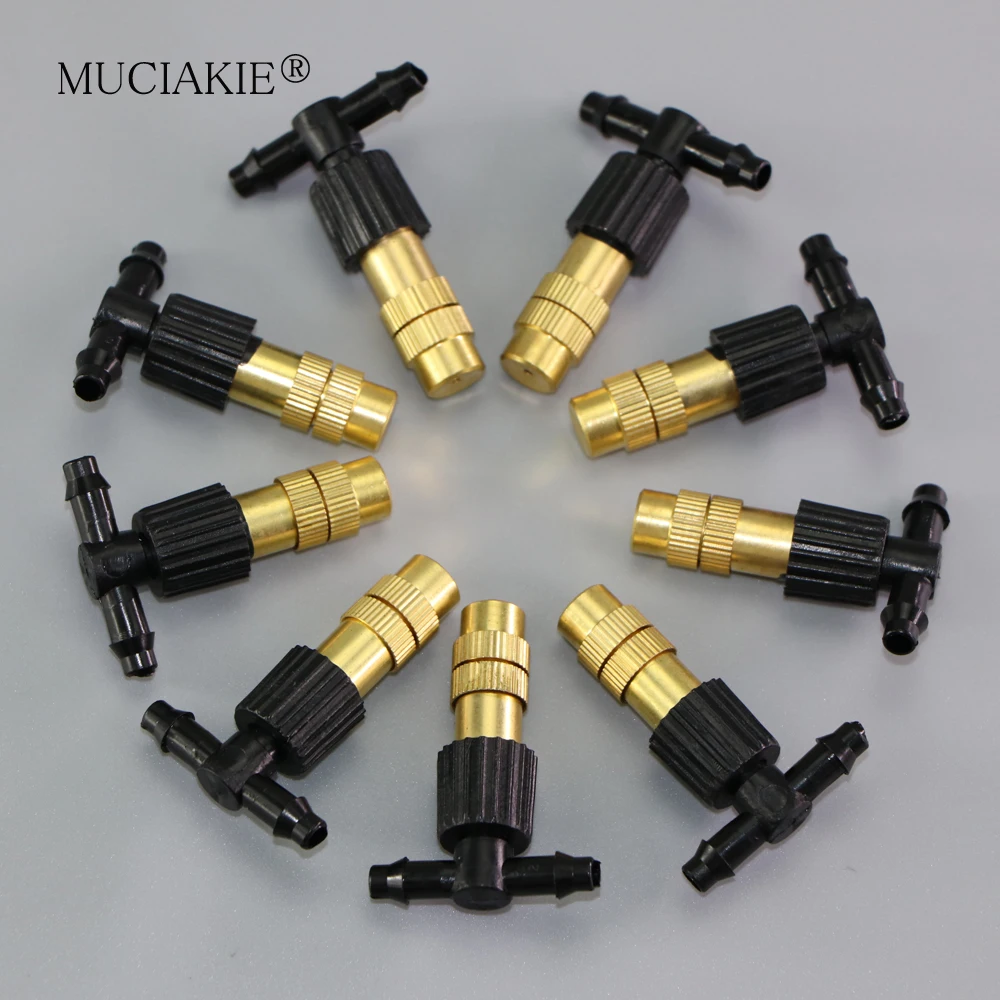 MUCIAKIE 20/50/100/200PCS Copper Misting Nozzle 1/4'' Barb Tee Connector Adjustable Brass Mist Spray Atomizer Watering Garden