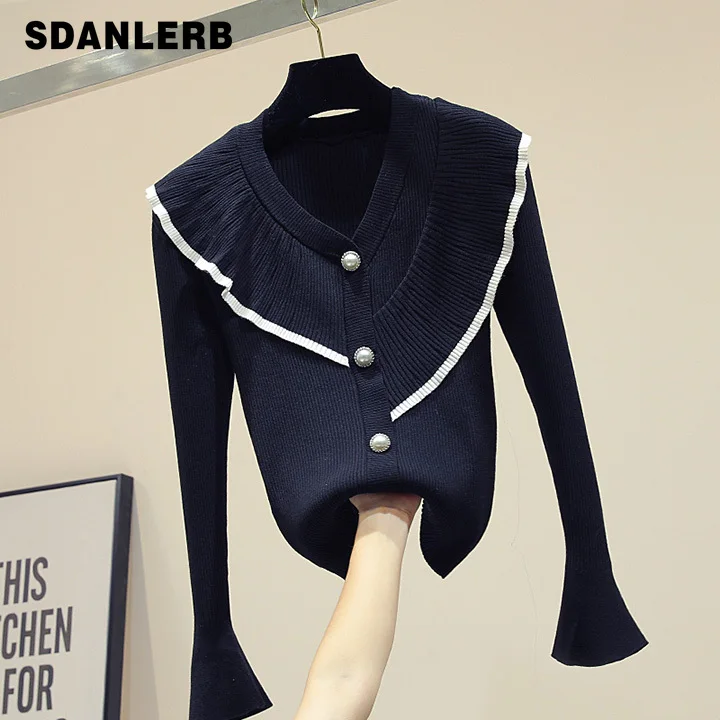 

Lotus Leaf Edge Spliced Cardigan Coat Woman 2019 Early Autumn New V-collar Black Long-sleeved Knitted Shirt Flare Sleeve Body
