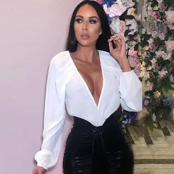 

Sexy Deep V Neck Long Sleeve Women Bodysuit Solid 2019 Autumn Winter Female Clothes Slim Fit Fashion Office Ladies Body Suit