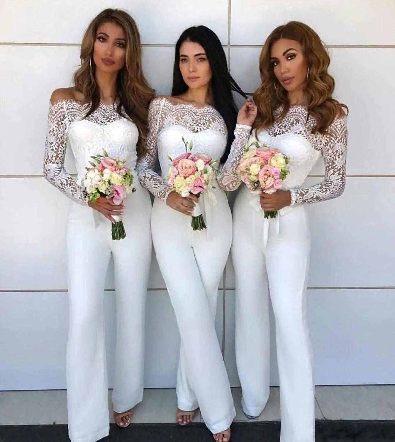 

Linglewei 2019 Fall new one shoulder lace long sleeve slim one-piece pants