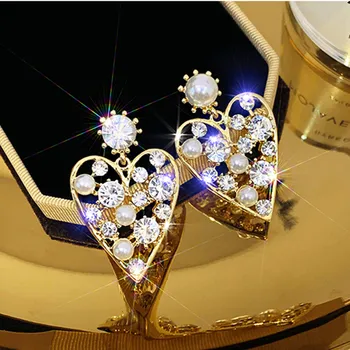 

New Fashion Crystal Heart Drop Earrings For Women Statement Luxury Pearl Red Rhinestone Pendant Earring Jewelry Brincos Gift