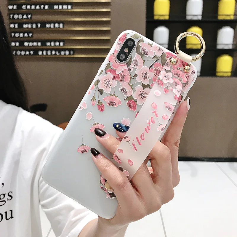 SoCouple Flower Soft TPU Wrist Strap Case For iphone 7 8 6 6s plus X Xs max XR Relief Floral Phone Holder Case Transparent Cover (4)