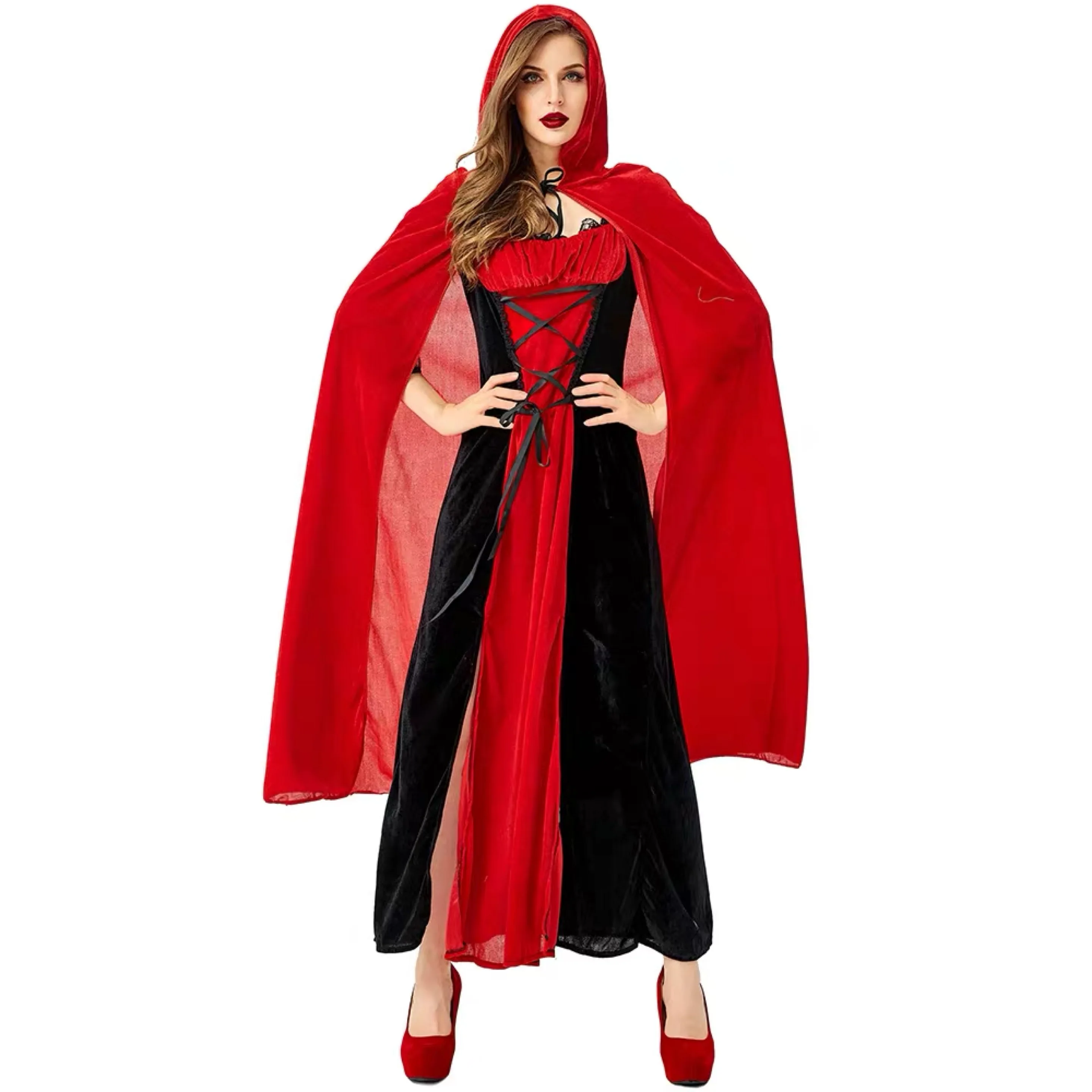 

Woman Halloween Little Red Riding Hood Costumes Female Vampire Maid Cosplay Carnival Purim Stage Show Bar Role Play Party Dress