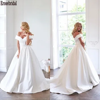 

White Satin Wedding Dress Plus Size 2020 New Fashion Off Shoulder Wedding Gown Bridal Lace Up Back Small Train Ball Gown Wedding