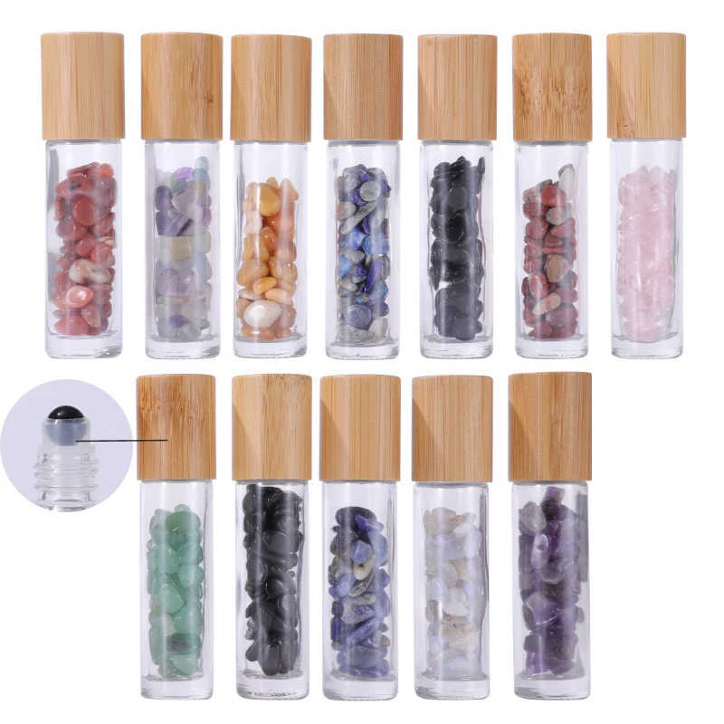 

10Pcs 10ml Natural Gemstone Essential Oil Roller Bottles Perfume Roll On Bottle with Crystal Chip Glass Empty Refillable Bottle