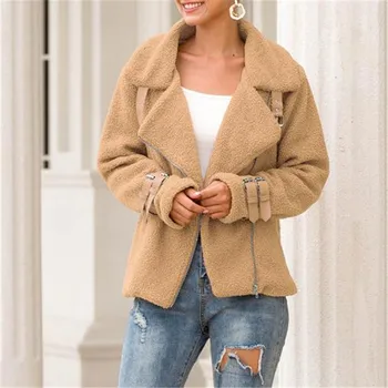 

New Fashion Female Winter Coat New Solid Color Long Sleeves Fleece Outwear Women V-neck Turn-down Collar Short Casual Jacket Hot