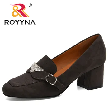 

ROYYNA 2020 New Designers Flock Crystal Pumps Women Chunky Heels Buckle Dress Shoes Ladies Round Toe Wedding Footwear Feminimo