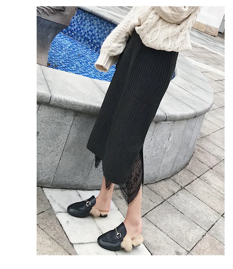 Knitted skirt in the long section stitching lace skirt Korean women's slim pack hip skirt two kinds of wearing