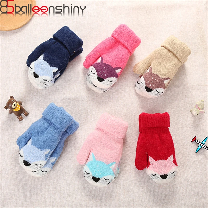 

BalleenShiny Kids Cartoon Fox Deers Gloves Warm Knitted Full Finger Mittens Lanyarn Thicken Plush Glove Child Winter Accessories