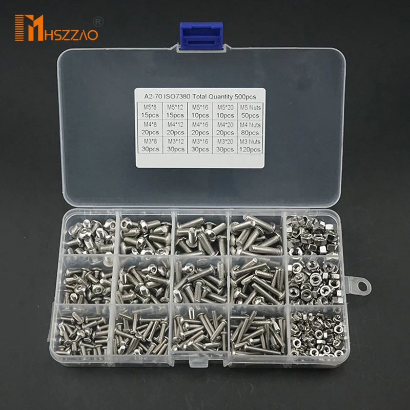 500 Uds M3 M4 M5 ISO7380 de acero inoxidable 304 A2-70 hexagonal botón tapa de la cabeza de tornillo y tuerca combinación Set Box