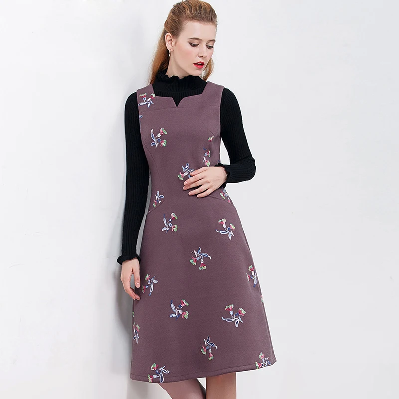 Tanie HELIAR 2019 zima wełniana bez rękawów sukienki vintage kobiet haftowane szczupła moda eleganckie kobiece Vestidos odzież damska