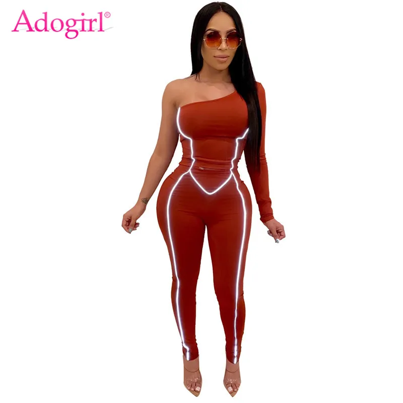 Adogirl, светоотражающие лямки, на одно плечо, бандажный комбинезон, женский сексуальный Облегающий комбинезон с длинным рукавом, ночная версия, спортивный комбинезон - Цвет: burgundy jumpsuit