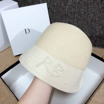 

QDKPOTC 2020 Women Spring Summer New Hand-sewn Pearls RB Bucket Hats Fashion Straw+cotton Cloth Sunhat High Quality Hot Cap