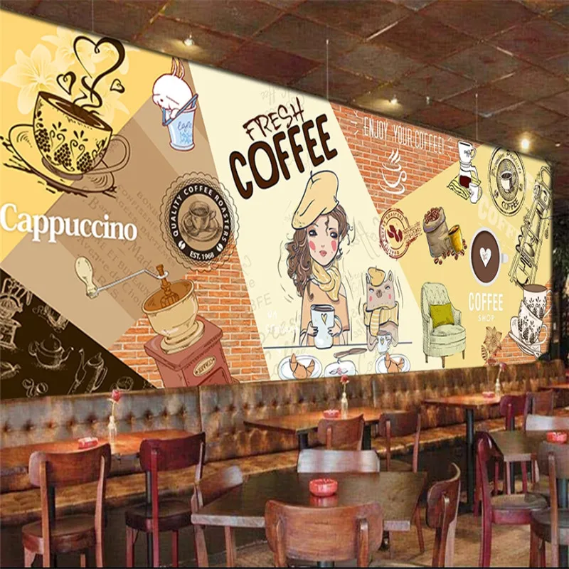 Европейский мультфильм рисованной моды девушка кофе дом фон 3D обои кафе ресторан