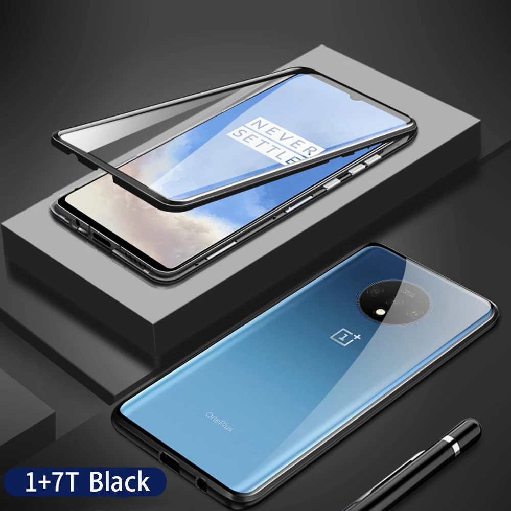 Black Магнитный чехол для Oneplus 7T 7 Pro 7, чехол, двусторонняя стеклянная металлическая рамка, 360, полная Защита, Чехол для Oneplus 7T Funda - Цвет: Black