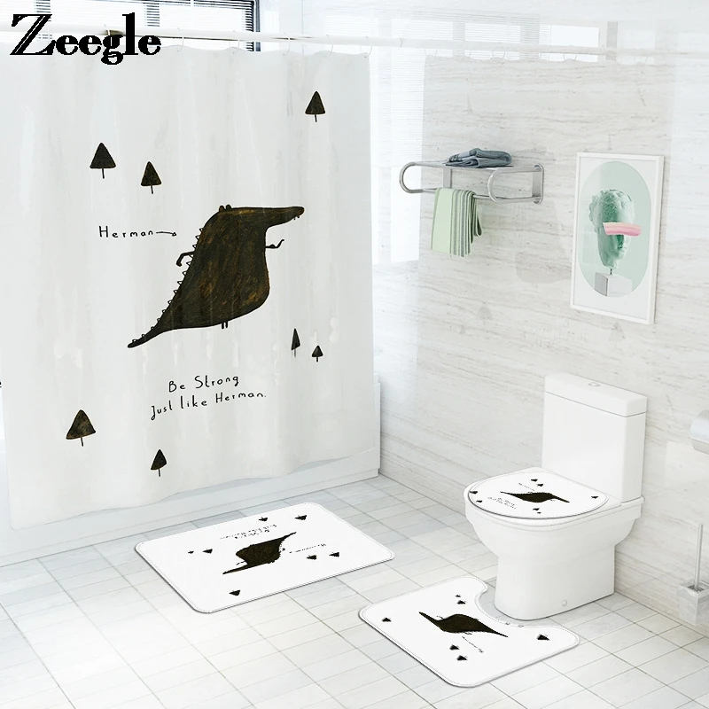 Cartoon Style Bath Mat Set for Bathroom Carpet Rug Waterproof Shower Curtain Absorbent Toilet Seat Cover Mat Anti-slip Foot Rug