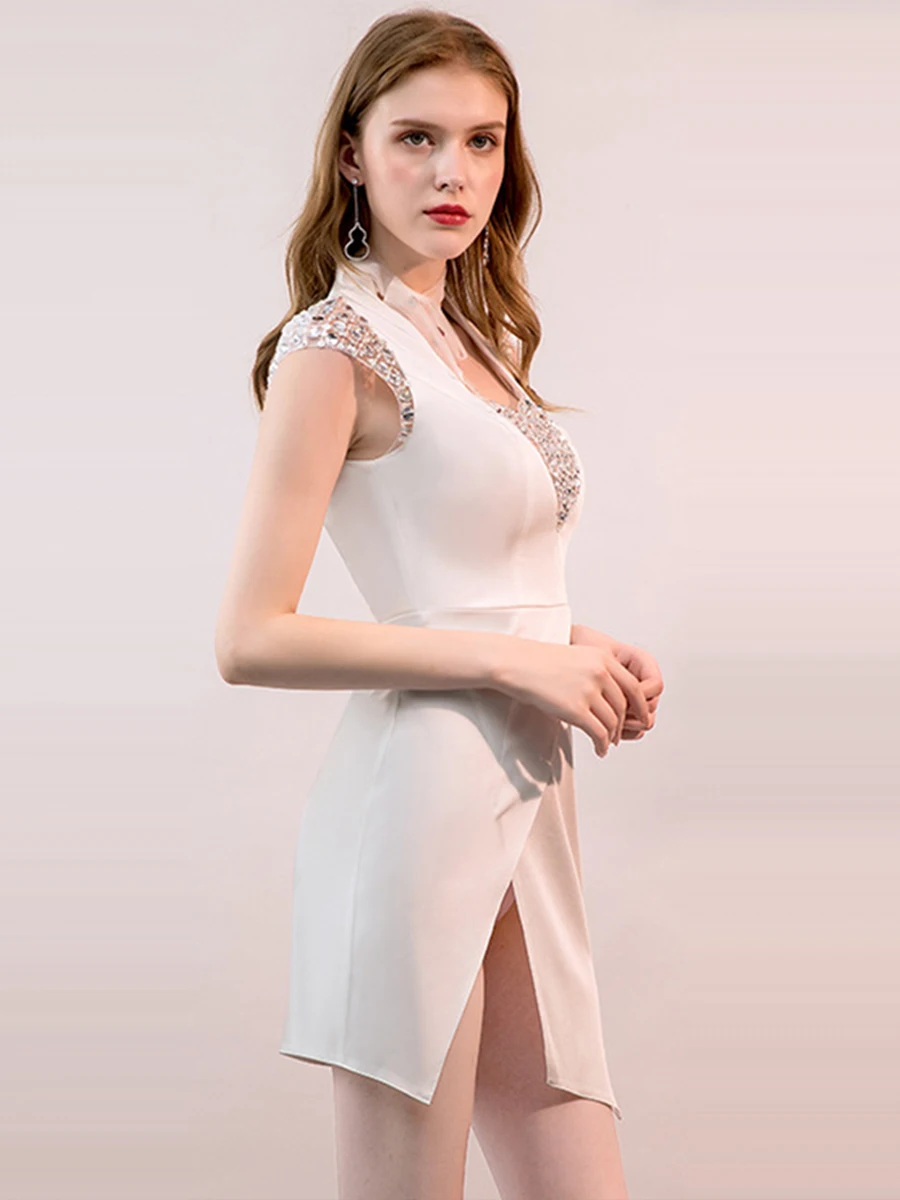 Skyyue, коктейльное платье, белое, сексуальное, с разрезом, Vestidos De Coctel,, Кристальные Мини коктейльные платья, v-образный вырез, без рукавов, официальное платье H115