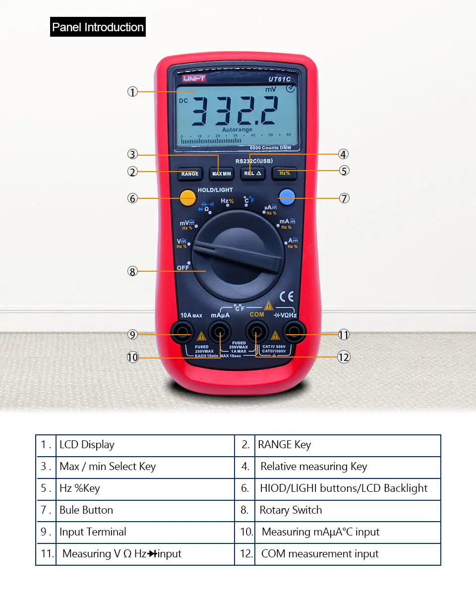 Цифровой мультиметр UNI-T UT61C AC DC Ток Напряжение Сопротивление Емкость Частота термометр диод тест RS232 ЖК-подсветка