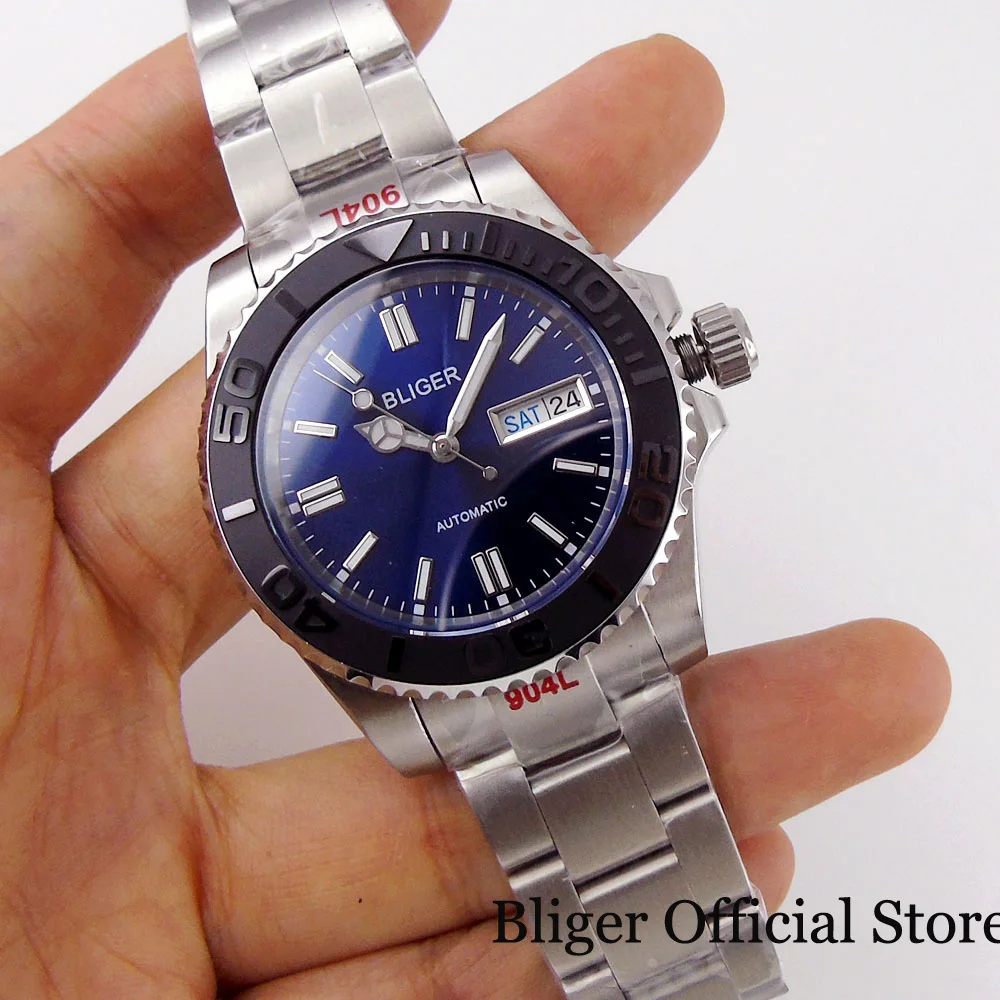 Механические Мужские часы BLIGER 24 Jewels NH36A циферблат синий матовый черный YM вставка