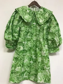 

Green Mini Dress Women 2020 New Summer Peter Pan Collar Puff Short Sleeve Ladies Fresh Cute Slim Cotton Short Dresses