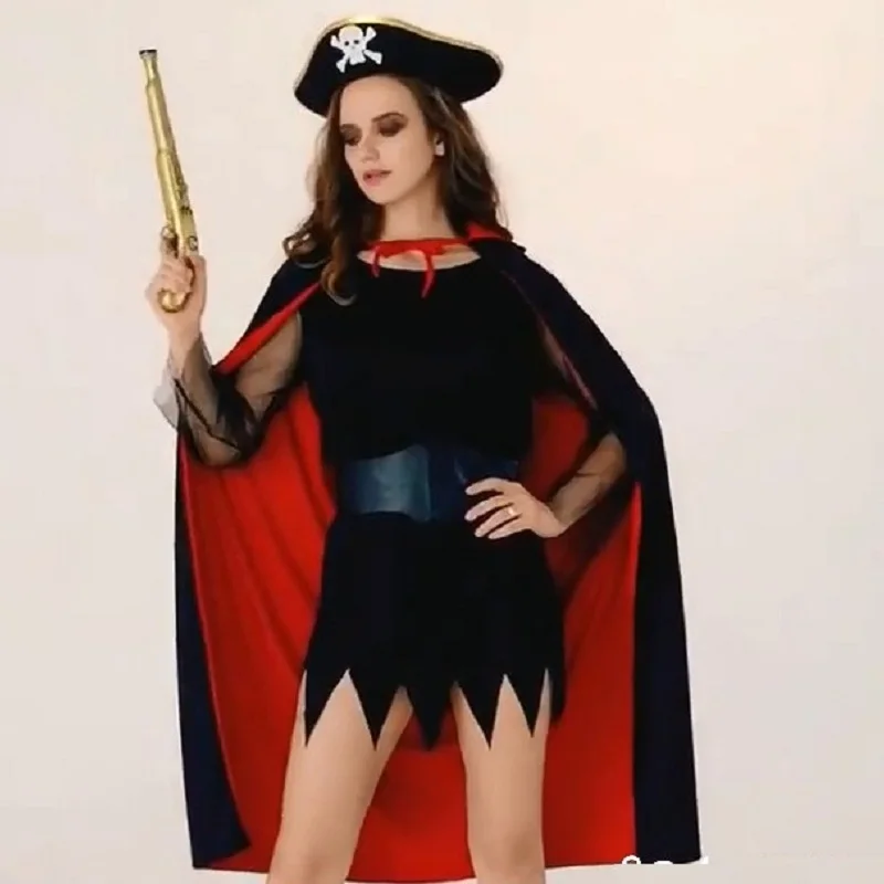 costume halloween Witch Black cloak Red vampire cape devil clothes for Women Men Kids party
