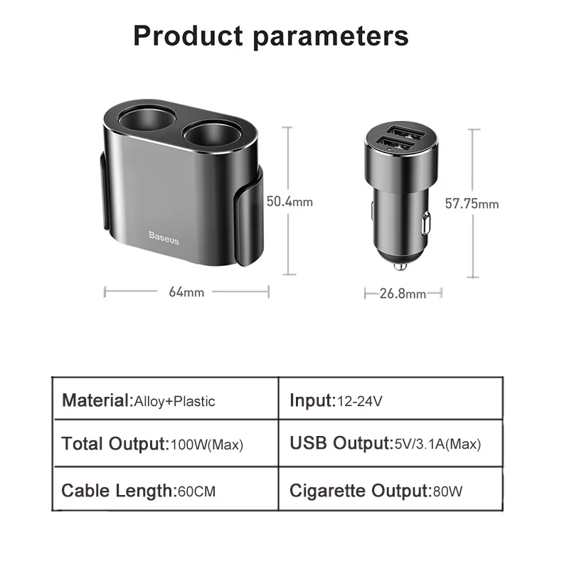 Продажа Baseus Dual USB Автомобильное зарядное устройство 3.1A 100 Вт разветвитель гнезда прикуривателя для Iphone XS 11 samsung телефон автомобильное зарядное устро...