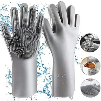 

Magic Silicone Diswashing Gloves Gray Silicone Kitchen Washing Gloves for Household Car Cleaning Heat Resistant Pet Grooming