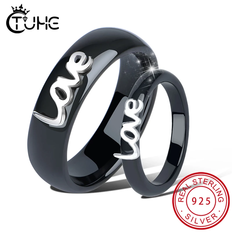 

100% Real S925 Sterling Silver Letter Love Rings for Lover Never Fade Healthy Ceramic Rings for Female Finger Rings Jewelry
