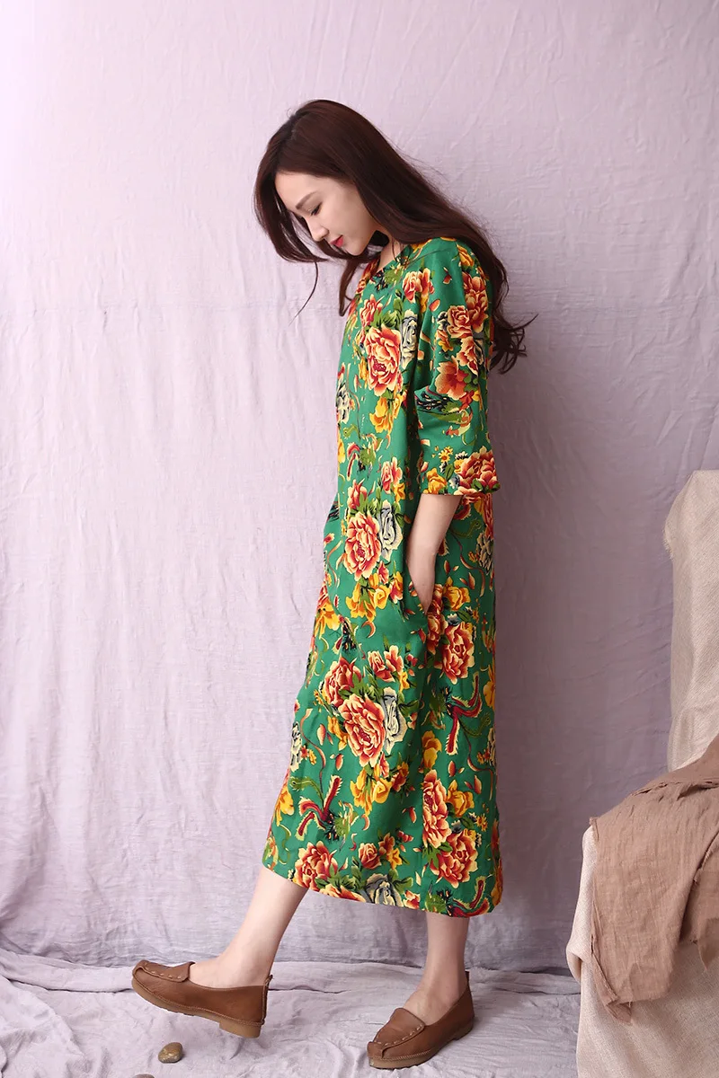 Runback/женское платье, окрашенное, Vestidos, хлопковое, льняное, халат, свободное платье большого размера, Ретро стиль, половина рукава, цветочный принт, женские платья