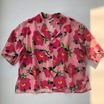 

2020 New100% Silk Women Short Sleeve Blouse Summer Soft Notched Collar Ladies Peach Blossom Printed Female Pink Shirt Top