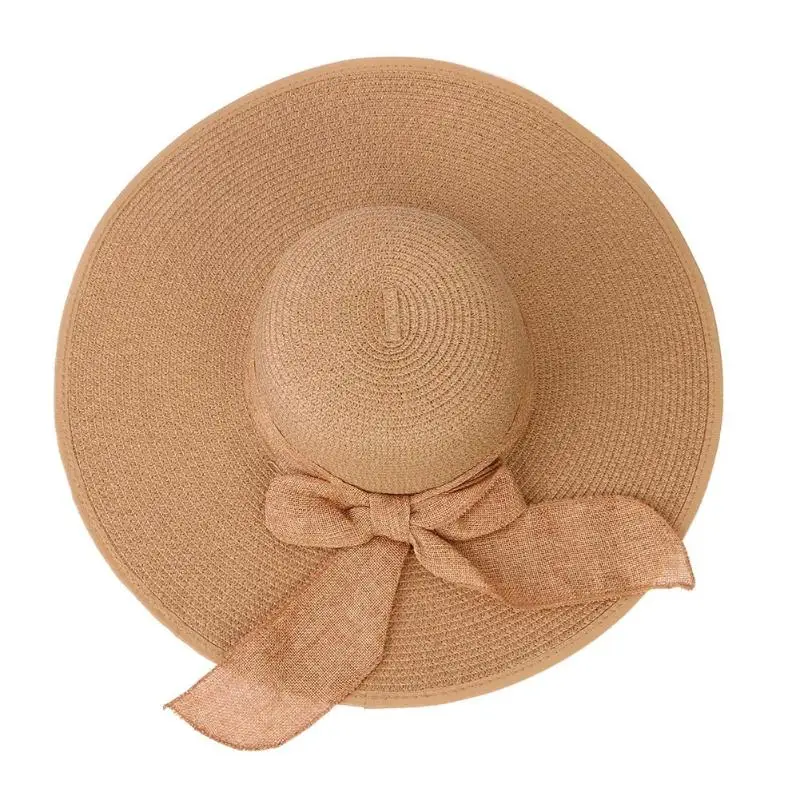Women Straw Knitted Hat Summer Sun Protection Wide Brim Bucket Cap Women Girl Beach Foldable Visor Panama Hat Dropshipping - Цвет: Coffee