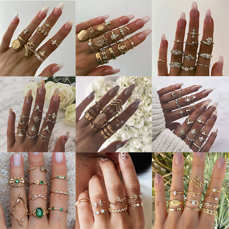 

HuaTang Boho Rhinestone Rings for Women Gold Color Heart Carving Wave Crystal Knukle Wedding Rings Set Jewellery Anillos