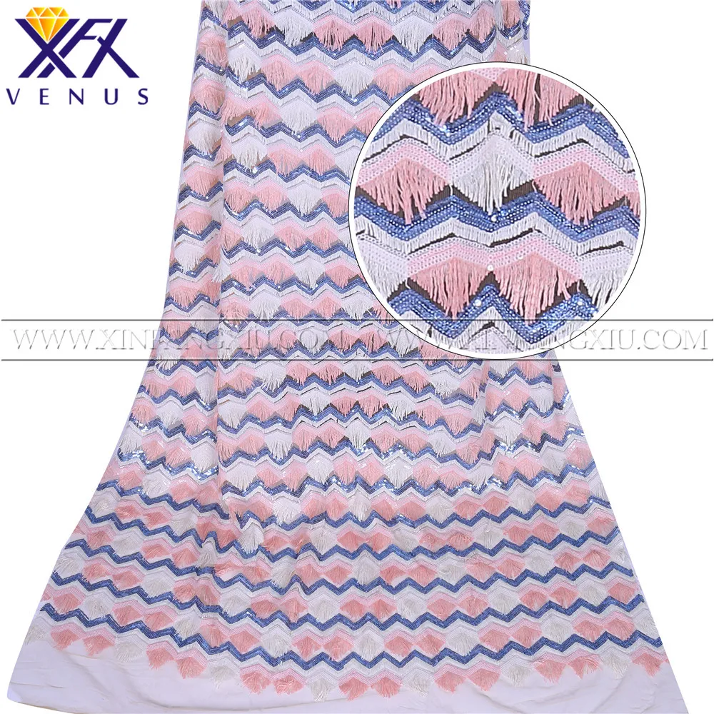 XFX Венера Последние Свадебные блесток кисточкой печатных ткань для женщин платье Одежда DIY декоративные, блестки кружева 5 ярдов