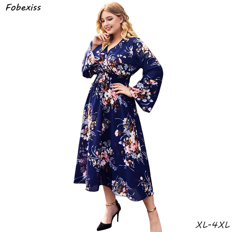 

Maxi Floral Print Autumn Dress Woman Plus Size Flare Sleeve Boho Chiffon Dress 4XL V Neck Elegant 2019 Fashion Long Dress Women