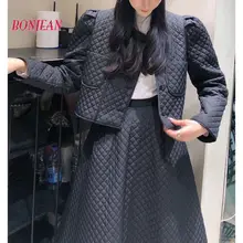 Luxury Loose Retro Diamond Cotton Dress Women A-Line Skirts Winter New Chic Hooded Pullover Parkas + Skirt Suit Street Sets