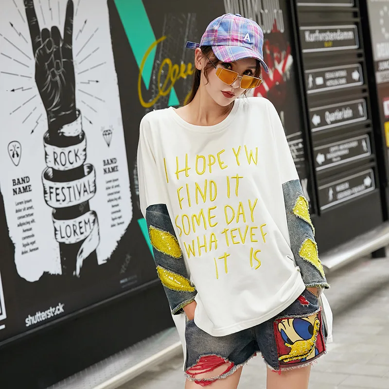 Max LuLu/модные топы в Корейском стиле, женская одежда в стиле панк, Женская Осенняя футболка деним с вышивкой, винтажная Лоскутная Женская футболка
