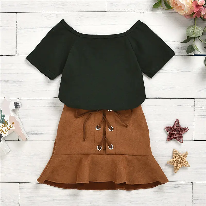 toddler kid girl clothes set black t-shirt brown skirt 2pcs summer outfit children clothes (8)