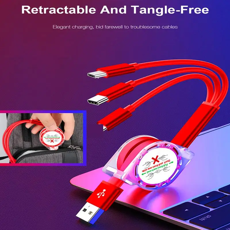 3 in 1 USB Retractable Cable Fast Charging Mobile Phone Cable For