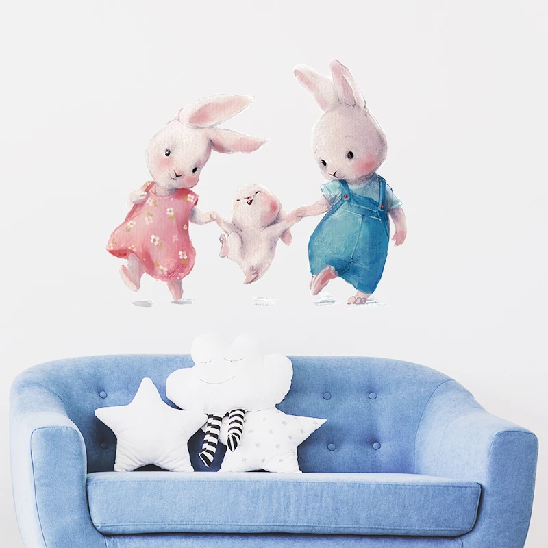New Style Bunny Happy Family Wall Stickers for Kids Room Baby Nursery Room Wall Decals Home Decor Removable Decor Living Room