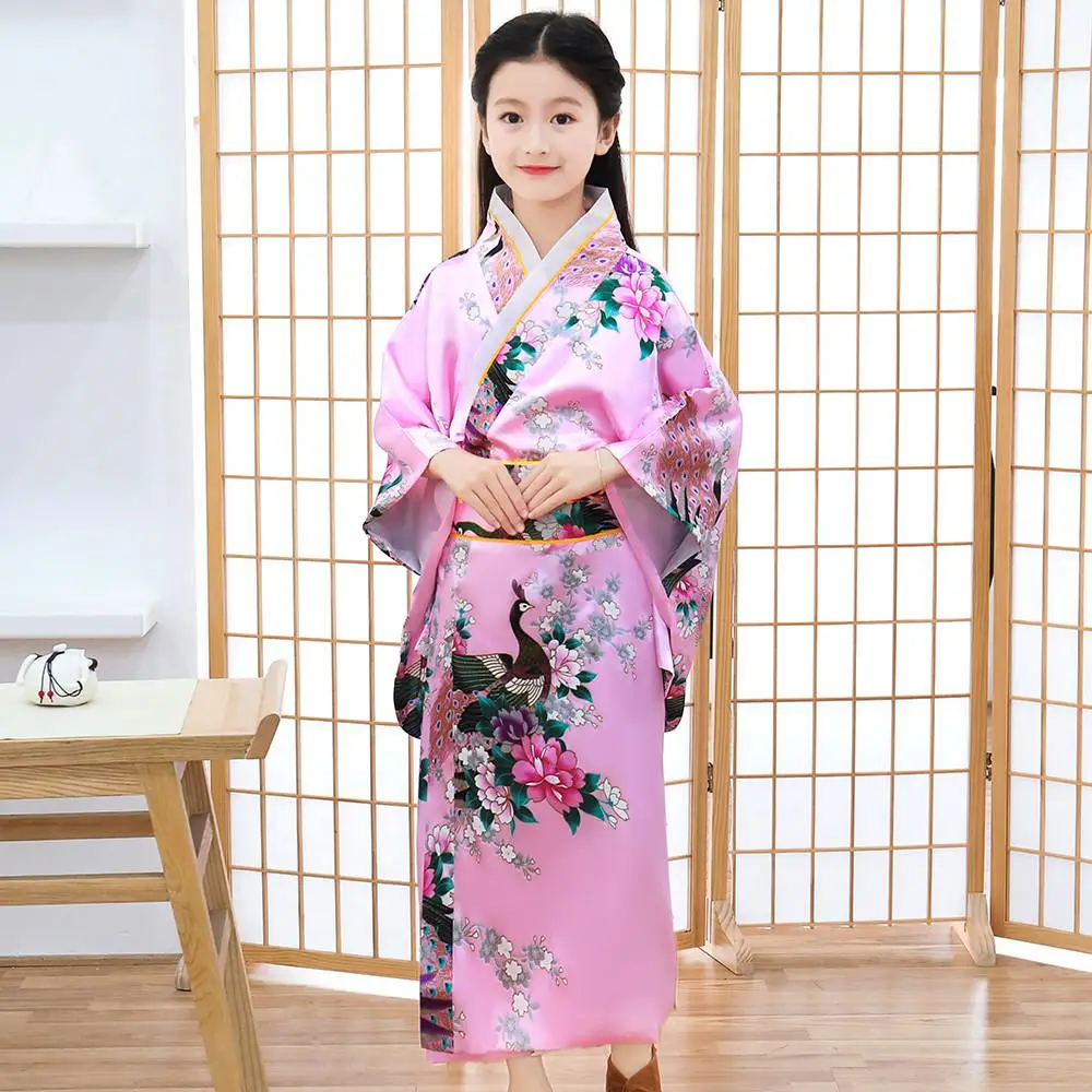 Черные дети юката с Obitage v-образным вырезом классический принт Павлин японский кимоно купальный халат атласный мягкий Новинка Косплей Костюм - Цвет: Pink A